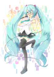 Rule 34 | 1girl, aqua eyes, aqua hair, aqua necktie, black thighhighs, blouse, boots, collared shirt, glasses, hatsune miku, headphones, honeycomb (pattern), honeycomb background, long hair, microphone, mimi (mimi puru), musical note, necktie, one eye closed, open mouth, pointing, shirt, shoulder tattoo, simple background, skirt, sleeveless, sleeveless shirt, solo, standing, standing on one leg, tattoo, thigh boots, thighhighs, twintails, very long hair, vocaloid, white shirt, wink