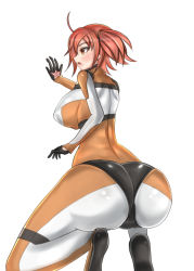 Rule 34 | 1girl, ahoge, ass, blush, bodysuit, breasts, command spell, dokuusagi, fate/grand order, fate (series), from behind, fujimaru ritsuka (female), huge ass, huge breasts, open mouth, orange eyes, red hair, scrunchie, shiny clothes, short hair, side ponytail, simple background, solo, white background