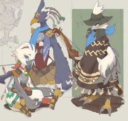 3boys artist_name beak bird_boy black_hat braid character_request full_body furry furry_male green_eyes grey_background hat highres ivy_(sena0119) looking_at_viewer multiple_boys nintendo pointy_ears poncho prototype_design revali rito smile standing the_legend_of_zelda the_legend_of_zelda:_breath_of_the_wild the_legend_of_zelda:_tears_of_the_kingdom tulin_(zelda)