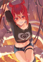 Rule 34 | 1girl, animal skeleton, arm up, belt, black belt, black shirt, blue shorts, bone, breasts, collarbone, commentary request, commission, crop top, cropped shirt, embers, from above, grin, hair between eyes, heart, highres, kae (orange juice), large breasts, looking at viewer, micro shorts, midriff, navel, red eyes, red hair, shirt, short hair, shorts, sitting, skeb commission, sleeves past elbows, smile, solo, suguri, suzuhiro, t-shirt, thigh strap, torn clothes, torn shirt