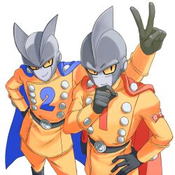 Rule 34 | 2boys, belt, black gloves, blue cape, boots, cape, commentary, dragon ball, dragon ball super, dragon ball super super hero, english commentary, gamma 1, gamma 2, genniax, gloves, hand on own chin, hand on own hip, highres, knee boots, male focus, multiple boys, red cape, smile, v