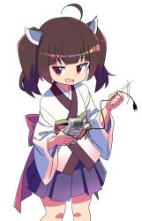 Rule 34 | 1girl, ahoge, blunt bangs, brown eyes, brown hair, cable spin, cowboy shot, game boy, game boy (original), game link cable, handheld game console, headgear, highres, holding, holding handheld game console, japanese clothes, kimono, long sleeves, looking at viewer, obi, open mouth, pleated skirt, roku no hito, sash, short hair, skirt, solo, touhoku kiritan, twintails, voiceroid, white background, white kimono, wide sleeves