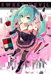 Rule 34 | 1girl, aqua hair, azma (mitch55), belt, black bra, black thighhighs, boots, bra, bra strap, copyright name, full body, garter straps, green eyes, hair between eyes, hatsune miku, honey whip (module), knee boots, lace, lace-trimmed legwear, lace trim, long hair, looking at viewer, makeup, nail polish, red nails, skirt, smile, solo, sweet devil (vocaloid), thighhighs, twintails, underwear, v, vocaloid