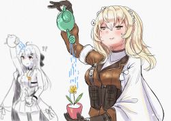 Rule 34 | 2girls, :3, ?, ??, blonde hair, blurry, breasts, cape, commentary request, cowboy shot, depth of field, flower, girls&#039; frontline, gloves, hair between eyes, hair flower, hair ornament, holding, holding plant, iws 2000 (girls&#039; frontline), kumarang, long hair, looking down, medium breasts, multiple girls, plant, potted plant, red eyes, smile, upper body, water, watering can, x95 (girls&#039; frontline), yellow eyes, you&#039;re doing it wrong