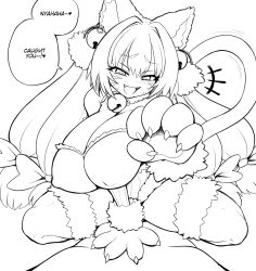 Rule 34 | 1boy, 1girl, animal ear fluff, animal ears, animal hands, bell, blush, bombergirl, breasts, cat ears, cat tail, claws, cleavage, english text, fangs, greyscale, hand on another&#039;s chest, highres, huge breasts, jadf, jingle bell, jingle bell earrings, large breasts, long hair, looking at viewer, monochrome, open mouth, pine (bombergirl), pov, smile, smug, speech bubble, squatting, tail, thighhighs, twintails, white background