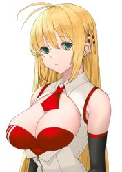 Rule 34 | ahoge, akahara tyun, arms at sides, bare shoulders, black gloves, blonde hair, breasts, cleavage, closed mouth, collared shirt, elbow gloves, from side, gloves, green eyes, hair ornament, large breasts, long bangs, long hair, looking at viewer, necktie, open clothes, open shirt, red necktie, shirt, simple background, sleeveless, sleeveless shirt, straight hair, tsurumaki maki, upper body, voiceroid, white background, white shirt, zipper