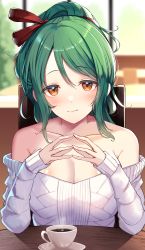 Rule 34 | 1girl, absurdres, bare shoulders, blurry, blurry background, blush, breasts, cleavage, closed mouth, coffee, collarbone, commission, cup, granblue fantasy, green hair, hair ribbon, herja, highres, indoors, large breasts, light smile, long hair, looking at viewer, mug, off-shoulder sweater, off shoulder, ribbed sweater, ribbon, saucer, skeb commission, solo, steepled fingers, sweater, table, teacup, yamato (muchuu paradigm)