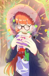 Rule 34 | 1girl, ^ ^, baozi, black-framed eyewear, blunt bangs, character print, closed eyes, closed mouth, commentary request, eating, emphasis lines, enpera, food, food on face, fur-trimmed hood, fur trim, glasses, green jacket, green scarf, hands up, happy, highres, holding, holding food, hood, hood up, hooded jacket, iku1224 19, jack frost (megami tensei), jacket, long hair, open clothes, open jacket, orange hair, outdoors, persona, persona 5, sakura futaba, scarf, shirt, signature, smile, solo, sparkle, steam, upper body, very long hair, white shirt