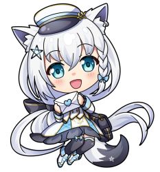 1girl :d animal_ear_fluff animal_ears anmochi bag black_thighhighs blush braid chibi dress earrings fox_ears fox_girl fox_tail green_eyes hair_between_eyes hat holding holding_letter hololive jewelry letter long_hair looking_at_viewer open_mouth peaked_cap pentagram shirakami_fubuki shoulder_bag sidelocks single_braid smile solo tail thighhighs transparent_background very_long_hair virtual_youtuber white_dress white_hair