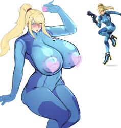 Rule 34 | 1girl, blonde hair, blue eyes, blush, bodysuit, breasts, censored, collarbone, condom, condom wrapper, covered erect nipples, covered navel, heart, heart censor, highres, huge breasts, kaedehito sb, long hair, looking at viewer, medium breasts, metroid, mole, mole under mouth, nintendo, ponytail, red lips, reference inset, samus aran, sitting, solo, super smash bros., thick thighs, thighs, white background, zero suit