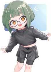 Rule 34 | 1girl, bespectacled, bike shorts, bike shorts under shorts, black jacket, black shorts, bob cut, braid, brown eyes, feet out of frame, french braid, glasses, green hair, jacket, kantai collection, leaning to the side, looking at viewer, nassukun, navel, open mouth, round eyewear, round teeth, short hair, shorts, shorts under shorts, side braid, sidelocks, smile, solo, takanami (kancolle), teeth, thick eyebrows, upper teeth only