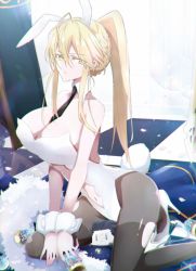 Rule 34 | 1boy, 1girl, agravain (fate), animal ears, artoria pendragon (fate), artoria pendragon (lancer) (fate), black hair, blonde hair, braid, breasts, cleavage, commentary request, crown braid, eyelashes, eyes visible through hair, fate/grand order, fate (series), green eyes, hair between eyes, hair ornament, highres, huge breasts, large breasts, leotard, long hair, looking at viewer, necktie, nogi (acclima), playboy bunny, rabbit ears, solo