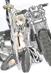 Rule 34 | 1girl, ahoge, artoria pendragon (all), artoria pendragon (fate), between breasts, blonde hair, breasts, clothes lift, excalibur (fate/stay night), fate/stay night, fate/zero, fate (series), formal, gloves, highres, long hair, midriff, motor vehicle, motorcycle, mouth hold, necktie, open clothes, open shirt, pant suit, pants, ponytail, por (downletgo), saber (fate), shirt, shirt lift, solo, suit, sword, torn clothes, torn pants, vehicle, weapon
