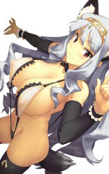 Rule 34 | 1girl, animal ears, breasts, cleavage, collar, covered erect nipples, detached sleeves, dog ears, dog tail, groin, highres, huge breasts, idolmaster, idolmaster (classic), large breasts, long hair, looking at viewer, pink eyes, red eyes, shijou takane, slingshot swimsuit, smile, solo, swimsuit, tail, thighhighs, tiara, very long hair, wet, white hair, yn red