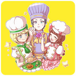 Rule 34 | 1boy, 2girls, apron, bad id, bad pixiv id, baozi, blonde hair, blue eyes, blush, bow, braid, brown hair, checkered apron, checkered clothes, chef, chef hat, closed eyes, earrings, eating, fire emblem, food, food on face, grey hair, hair bow, hat, heterochromia, jewelry, looking at another, looking at viewer, lowres, minamoto mamori, multicolored hair, multiple girls, nintendo, open mouth, plate, pointing, purple eyes, short hair, smile, star (symbol), streaked hair, taiyaki, tokyo mirage sessions fe, tomi (gu souge), tsurugi yashiro, twin braids, two-tone hair, wagashi, waist apron, white hair, yellow background, yumizuru eleanora