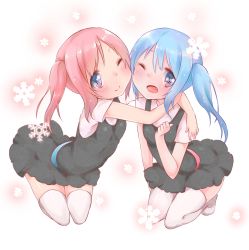 Rule 34 | 2girls, arms around neck, bad id, bad pixiv id, belt, blue eyes, blue hair, dress, fang, gradient eyes, highres, hug, multicolored eyes, multiple girls, one eye closed, open mouth, original, pink eyes, pink hair, rima (rimarip), short twintails, side ponytail, simple background, smile, snowflakes, thighhighs, twintails, white background, wink