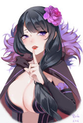 Rule 34 | 10s, 1girl, 2016, bad id, bad pixiv id, black hair, breasts, cape, center opening, cleavage, cloak, dated, detached sleeves, elsa granhilte, eyebrows, eyelashes, finger to mouth, flower, fur trim, hair flower, hair ornament, highres, large breasts, licking lips, lipstick, long hair, looking at viewer, makeup, maorzshu, mole, mole under eye, parted lips, purple eyes, re:zero kara hajimeru isekai seikatsu, red lips, signature, solo, tongue, tongue out, two-sided cloak, two-sided fabric