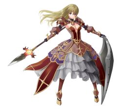 Rule 34 | 1girl, armor, armored dress, blonde hair, blue eyes, breasts, cleavage, closed mouth, dress, floating hair, full body, gold trim, hair between eyes, holding, holding polearm, holding weapon, legs apart, long hair, medium breasts, multicolored clothes, multicolored dress, polearm, purple dress, ragnarok online, red dress, royal guard (ragnarok online), sail (sail-away), shield, shoulder armor, shrug (clothing), simple background, smile, solo, spear, standing, strapless, strapless dress, turtleneck, weapon, white background, white dress