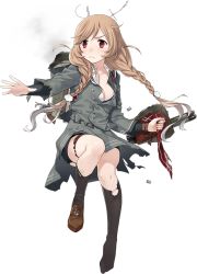 Rule 34 | 1girl, braid, breasts, cleavage, cloud hair ornament, frown, fujikawa, full body, green skirt, kantai collection, kneehighs, light brown hair, long hair, long sleeves, medium breasts, minegumo (kancolle), outstretched arm, pleated skirt, red eyes, ribbon, rigging, school uniform, shirt, skirt, socks, solo, torn clothes, torpedo, torpedo tubes, transparent background, turret, twin braids