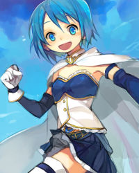 Rule 34 | 10s, 1girl, bad id, bad pixiv id, blue hair, cape, gloves, kuzuvine, lowres, magical girl, mahou shoujo madoka magica, mahou shoujo madoka magica (anime), miki sayaka, open mouth, short hair, smile, solo, thighhighs