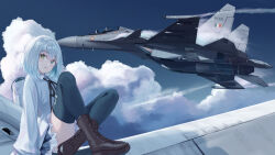 Rule 34 | 1girl, absurdres, aircraft, airplane, amahari koishi, black ribbon, blue hair, blue sky, bob cut, boots, brown footwear, cloud, commentary, commission, fighter jet, green eyes, green thighhighs, highres, indie virtual youtuber, jet, light blue hair, long sleeves, military vehicle, neck ribbon, outdoors, png pant (bus), ribbon, sitting, skeb commission, sky, solo, su-30, thighhighs, vehicle focus, virtual youtuber