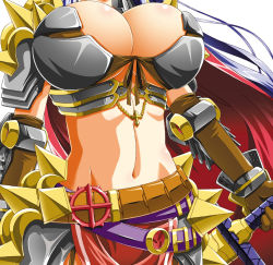 Rule 34 | 1girl, armor, breasts, cape, cleavage, front-tie top, gauntlets, head out of frame, kumashiro izuta, large breasts, long hair, midriff, navel, ragnarok online, rune knight (ragnarok online), solo, spikes, weapon