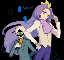 Rule 34 | 1boy, arm behind back, black background, buttons, dark eye, double-breasted, earrings, english text, gloves, green eyes, hand on own hip, jewelry, kaitou joker, kaitou spade, l hakase, long hair, purple eyes, purple hair, simple background, spade, spade (shape), spade earrings, vest