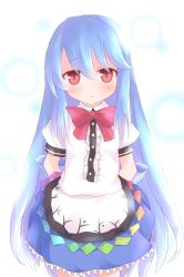 Rule 34 | 1girl, arms behind back, blue hair, bow, dress, female focus, hinanawi tenshi, long hair, no headwear, no headwear, red eyes, shize (coletti), solo, standing, touhou