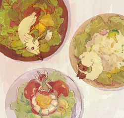 Rule 34 | bowl, broccoli, brown eyes, cauliflower, creatures (company), flapple, from above, game freak, gen 4 pokemon, gen 5 pokemon, gen 8 pokemon, leafeon, lettuce, nintendo, no humans, one eye closed, pokemon, pokemon (creature), salad, sitting, stretching, toes, whimsicott, yurano (upao)