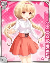 Rule 34 | 1girl, alternate costume, blonde hair, card, character name, girlfriend (kari), headband, nishino ayane, official art, open hand, pink background, pink skirt, qp:flapper, red eyes, shirt, skirt, solo, standing, tagme, twintails, white shirt, worried