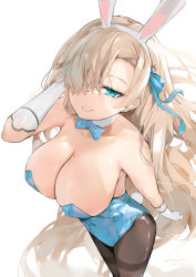 Rule 34 | 1girl, animal ears, arm behind head, asuna (blue archive), asuna (bunny) (blue archive), bare shoulders, blue archive, blue eyes, blue leotard, blush, bow, bowtie, breasts, brown pantyhose, cleavage, dema hmw, detached collar, elbow gloves, fake animal ears, gloves, hair over one eye, highleg, highleg leotard, highres, large breasts, leotard, light brown hair, long hair, looking at viewer, mole, mole on breast, pantyhose, playboy bunny, rabbit ears, rabbit tail, smile, solo, tail, thighs, traditional bowtie, white gloves