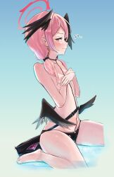 Rule 34 | 1girl, bare shoulders, barefoot, bikini, bikini bottom only, black bikini, black wings, blue archive, blush, breasts, covering privates, covering breasts, feathered wings, halo, head wings, highres, in water, koharu (blue archive), koharu (swimsuit) (blue archive), looking at viewer, low wings, official alternate costume, pink hair, pink halo, print bikini, ringofuze, shallow water, small breasts, solo, swimsuit, topless, twintails, underwear, water, wet, wings