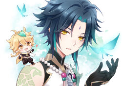 Rule 34 | 2boys, aether (genshin impact), bead necklace, beads, black gloves, black hair, blonde hair, blush, braid, chibi, crop top, facial mark, forehead mark, genshin impact, gloves, green hair, jewelry, long hair, male focus, multicolored hair, multiple boys, necklace, open mouth, scarf, smile, tassel, tattoo, twinayaume, white hair, xiao (genshin impact), yellow eyes