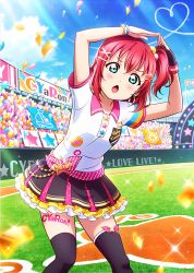 Rule 34 | 1girl, alternate hairstyle, aqua eyes, arms over head, artist name, artist request, baseball field, black gloves, black legwear, black skirt, blue sky, blush, bracelet, braveheart coaster, breasts, cloud, collarbone, collared shirt, cyaron (love live!), day, female focus, fingerless gloves, gloves, green eyes, hair between eyes, hair bobbles, hair ornament, hairclip, hands over head, highres, jewelry, kurosawa ruby, looking at viewer, love live!, love live! sunshine!!, medium breasts, outdoors, parted lips, ponytail, red hair, shirt, short hair, single fingerless glove, skirt, sky, smile, solo, stadium, star (symbol), star hair ornament, white shirt, x hair ornament