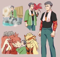 1boy 1girl alternate_costume arcanine blaziken camerupt chips_n_cookies creatures_(company) flannery_(pokemon) game_freak gen_1_pokemon gen_3_pokemon grey_hair kabu_(pokemon) male_focus multiple_views ninetales nintendo onsen pokemon pokemon_(creature) pokemon_oras pokemon_swsh red_eyes red_hair signature towel towel_around_neck