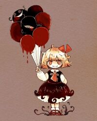 Rule 34 | 1girl, arm behind back, ascot, balloon, black skirt, black vest, blonde hair, brown background, chibi, crazy, crazy eyes, crazy smile, darkness, full body, hair ribbon, holding, holding balloon, mokumoku22, open mouth, red ascot, red eyes, ribbon, rumia, sharp teeth, short hair, skirt, skirt set, smile, teeth, touhou, vest