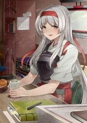 Rule 34 | 1girl, absurdres, blush, book, brown eyes, chest of drawers, cup, desk, food, fruit, green tea, hairband, hakama, hakama skirt, headband, highres, hip vent, holding, holding cup, indoors, japanese clothes, jersey, kanmiya shinobu, kantai collection, kimono, light particles, long hair, looking at viewer, mandarin orange, muneate, on chair, papers, parted lips, pen, pencil, red hairband, saucer, shoukaku (kancolle), skirt, smile, solo, steam, straight hair, tea, teacup, white hair, white kimono, yunomi