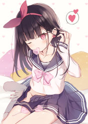 Rule 34 | 1girl, black hair, black sailor collar, black skirt, blush, brown background, candy, commentary request, earrings, food, food in mouth, groin, hair ribbon, hairband, hand up, heart, heart background, heart earrings, heart-shaped lollipop, highres, humuyun, jewelry, kneehighs, lollipop, long hair, long sleeves, looking at viewer, mouth hold, no panties, no shoes, one eye closed, original, pillow, pleated skirt, red eyes, red hairband, red ribbon, ribbon, sailor collar, school uniform, serafuku, shaped lollipop, shirt, simple background, skirt, sleeves past wrists, socks, solo, spoken heart, white shirt, white socks