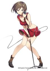 Rule 34 | 1girl, alteil, alteil chronicles, boots, breasts, brown eyes, brown hair, cable, cleavage, collar, collarbone, commentary, crop top, full body, highres, holding, holding microphone, holding microphone stand, knees together feet apart, leaning forward, looking at viewer, medium breasts, meiko (vocaloid), meiko (vocaloid3), microphone, microphone stand, midriff, miniskirt, navel, red shirt, red skirt, shirt, skirt, smile, sogawa, solo, thighs, vocaloid, white background