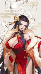 Rule 34 | 1girl, bare shoulders, black hair, blue eyes, boa hancock, breasts, china dress, chinese clothes, cleavage, cleavage cutout, clothing cutout, cowboy shot, dragon, dress, dywx poison, earrings, hand on own hip, head tilt, highres, holding, huge breasts, jewelry, kiseru, lipstick, long hair, makeup, one piece, pelvic curtain, smoking pipe, side slit, smile, snake earrings, solo