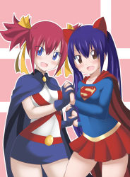Rule 34 | absurdres, blue eyes, blue hair, brown eyes, commission, cosplay, crossover, dc comics, dmayaichi, fairy tail, highres, miss martian, red hair, sheria blendy, skirt, supergirl, wendy marvell