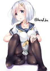 Rule 34 | 10s, 1girl, ass, black pantyhose, blue eyes, breasts, feet, hair ornament, hamakaze (kancolle), henet hene, kantai collection, looking at viewer, no shoes, open mouth, panties, panties under pantyhose, pantyhose, silver hair, sitting, solo, thighband pantyhose, underwear