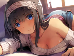 Rule 34 | 1girl, black hair, blue eyes, blue skirt, blush, breasts, cleavage, closed mouth, collarbone, commentary request, couch, grey hairband, grey sweater, hairband, highres, idolmaster, idolmaster cinderella girls, indoors, long hair, long sleeves, looking at viewer, lying, medium breasts, off shoulder, on couch, on side, sagisawa fumika, selfie, seneto, single bare shoulder, skirt, sleeves past fingers, sleeves past wrists, solo, sweater, v-shaped eyebrows, vase, window