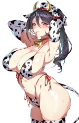 Rule 34 | 1girl, absurdres, animal ears, animal print, armpits, arms behind head, arms up, bell, bikini, black hair, blush, breasts, cleavage, commentary request, cow ears, cow horns, cow print, cow print bikini, cow tail, earrings, elbow gloves, fake animal ears, fake horns, gloves, hat, highleg, highleg bikini, highres, horns, jewelry, large breasts, lips, long hair, looking at viewer, mahou shoujo madoka magica, mahou shoujo madoka magica (anime), mahou shoujo suzune magica, mikoto tsubaki, mole, mole on breast, mouth hold, navel, neck bell, print bikini, purple eyes, senri gan, shiny skin, simple background, smile, solo, stomach, sweat, sweatdrop, swimsuit, tail, thighhighs, thighs, white background