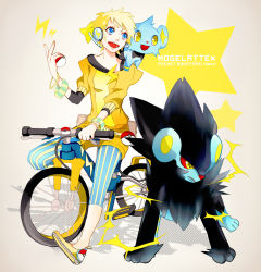 Rule 34 | 00s, 1boy, 1girl, bad id, bad pixiv id, bangle, bicycle, blonde hair, blue eyes, bracelet, character request, creatures (company), electricity, flats, full body, game freak, gen 4 pokemon, happy, jewelry, leggings, luxray, mollo, nintendo, off shoulder, pixiv trainer, poke ball, pokemon, pokemon (creature), pokemon dppt, shinx, shorts, smile, sweater