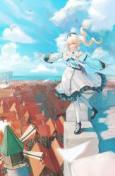 Rule 34 | 1girl, absurdres, barbara (genshin impact), battlement, bird, black footwear, blonde hair, book, building, cliff, cloud, day, detached collar, detached sleeves, dress, floating hair, genshin impact, hat, high heels, highres, horizon, in-universe location, koseikogani, looking at viewer, open mouth, outdoors, outstretched arms, purple eyes, shirt, smile, solo, spread arms, standing, standing on one leg, strapless, strapless shirt, twintails, white dress, wind, windmill