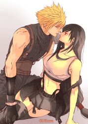 Rule 34 | 1boy, 1girl, absurdres, arm support, armor, baggy pants, bare arms, bare shoulders, black gloves, black hair, black skirt, black thighhighs, blonde hair, blush, breasts, closed mouth, cloud strife, collarbone, commentary request, couple, cowboy shot, crop top, earrings, eye contact, final fantasy, final fantasy vii, final fantasy vii rebirth, final fantasy vii remake, gloves, gradient background, highres, imminent kiss, jewelry, kneeling, large breasts, long hair, looking at another, looking down, looking up, low-tied long hair, midriff, miniskirt, navel, nikuya (nikuya888), pants, profile, ribbed sweater, short hair, shoulder armor, single bare shoulder, single earring, sitting, skirt, sleeveless, sleeveless turtleneck, spiked hair, suspender skirt, suspenders, sweater, tank top, thighhighs, tifa lockhart, turtleneck, turtleneck sweater, twitter username, white tank top, yokozuwari