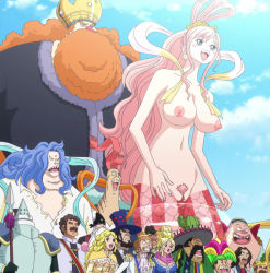 Rule 34 | 3girls, 6+boys, covered erect nipples, giant, giantess, highres, long hair, mermaid, monster girl, multiple boys, multiple girls, nipples, nude, nude filter, one piece, pink hair, pussy, shirahoshi, standing, third-party edit, uncensored