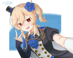 Rule 34 | 1girl, :d, ascot, black hat, blonde hair, blue ascot, blue background, blue flower, blush, braid, breasts, character name, flower, girls&#039; frontline, gloves, hair between eyes, hair flower, hair ornament, hat, highres, light leave, looking at viewer, medium hair, mini hat, nagant revolver (astral bond) (girls&#039; frontline), nagant revolver (girls&#039; frontline), neck, official alternate costume, open mouth, puffy sleeves, red eyes, selfie, short sleeves, side ponytail, simple background, single braid, small breasts, smile, solo, striped, top hat, two-tone background, w, white background