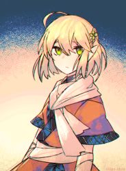 Rule 34 | 1girl, ahoge, artist name, bandages, bandaged arm, bandages, blonde hair, green eyes, kky, looking at viewer, mizuhashi parsee, pointy ears, short hair, solo, touhou, two-tone background, upper body